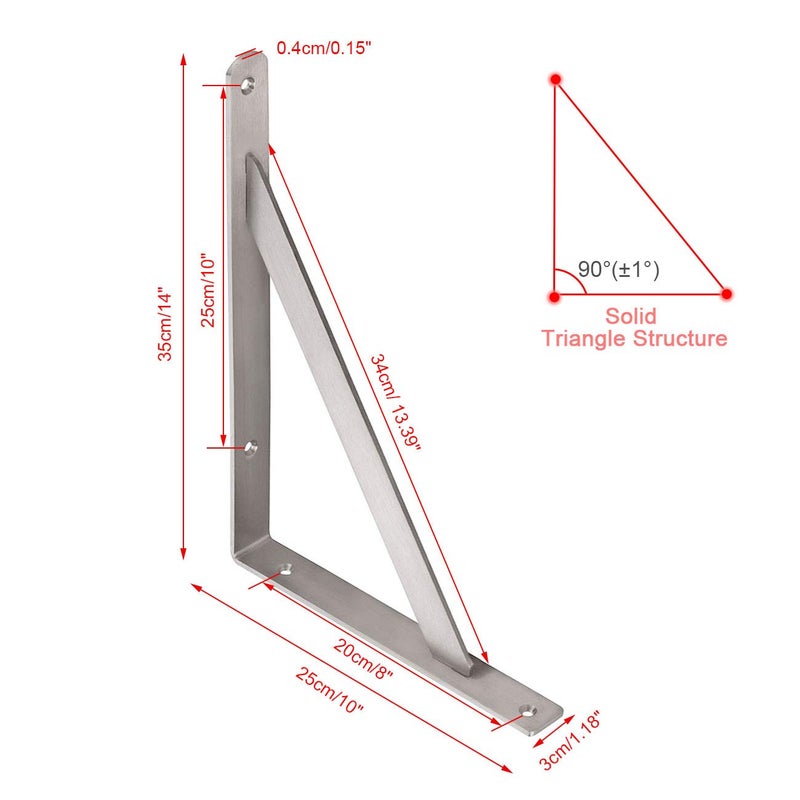 YUMORE 14" Stainless Steel Shelf Bracket, Max Load: 550lb Heavy Duty Solid Shelf Support Corner Brace Joint Right Angle Bracket, Pack of 2 - Image 2